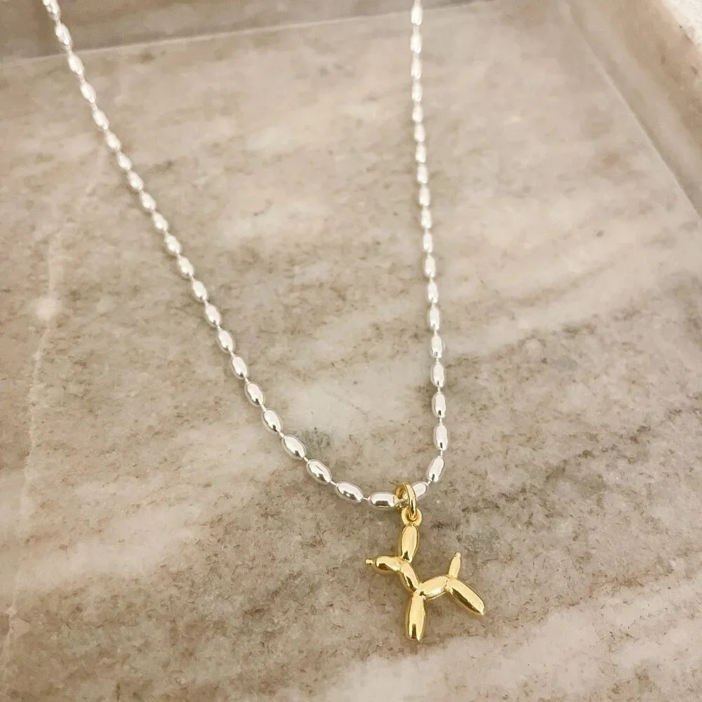925 Sterling Silver Dainty Bead Necklace Balloon Dog Necklace